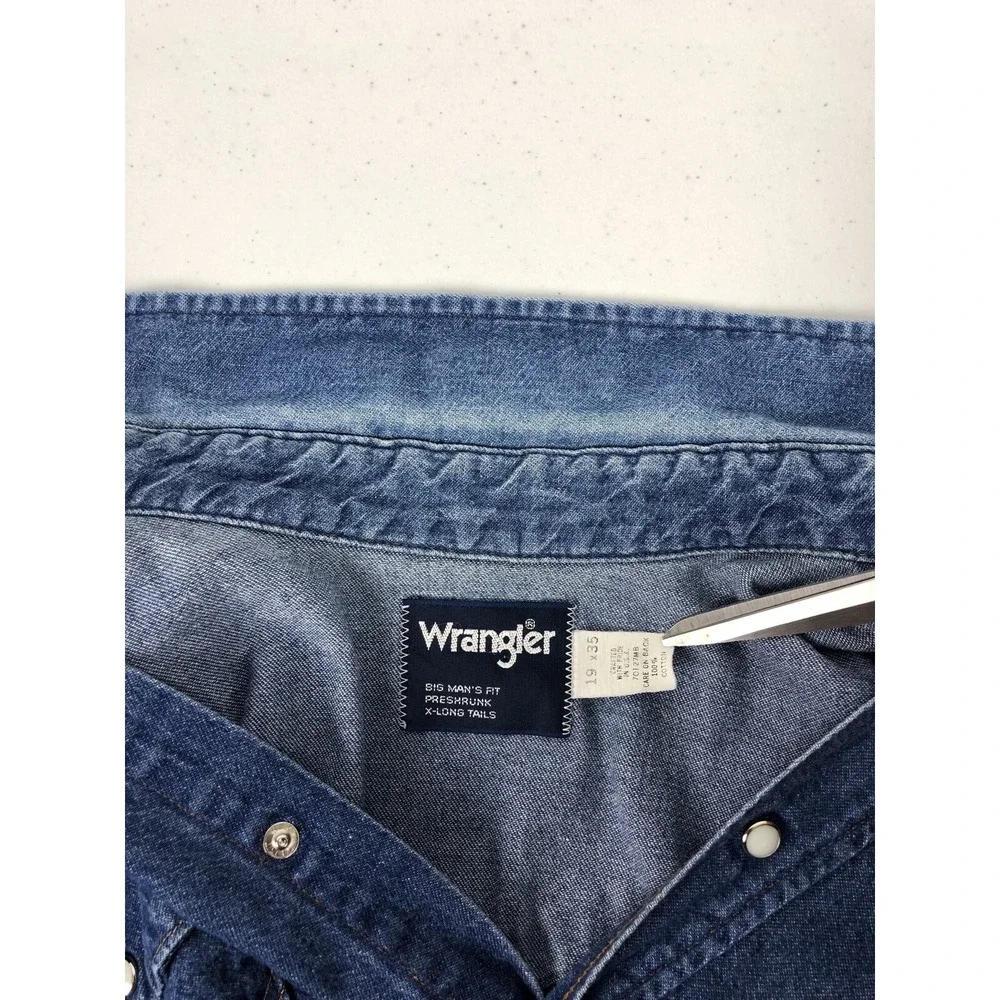 Wrangler Vintage Mens 19 X 35 Shirt Pearl Snap Denim Big Mans Fit X Long Tail